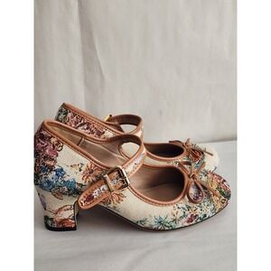 Floral Tapestry Mary Jane Block Heels Round Toe Bow Accent Pumps Tan Size 38